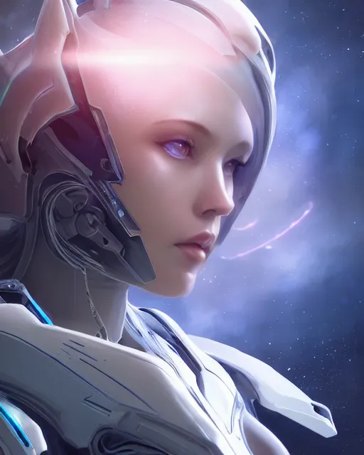 Image similar to perfect android girl on a mothership, warframe armor, beautiful face, scifi, futuristic, galaxy, nebula, raytracing, dreamy, long white hair, blue cyborg eyes, sharp focus, cinematic lighting, highly detailed, artstation, divine, by gauthier leblanc, kazuya takahashi, huifeng huang