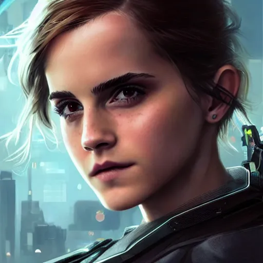 Image similar to emma - watson!! emma watson in cyberpunk 2 0 7 7, promotional, intricate, elegant, highly detailed, digital painting, artstation, concept art, smooth, sharp focus, illustration, art by artgerm and greg rutkowski