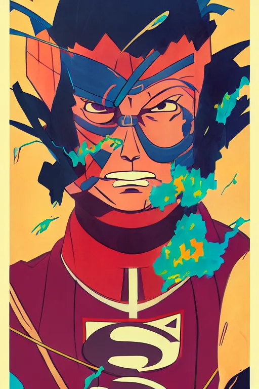 Image similar to abstract portrait of kongming as superhero, 6 0 s anime art, floating detailes, very detailed face, leaves by miyazaki, colorful palette illustration, kenneth blom, mental alchemy, james jean, pablo amaringo, naudline pierre, contemporary art, hyper detailed