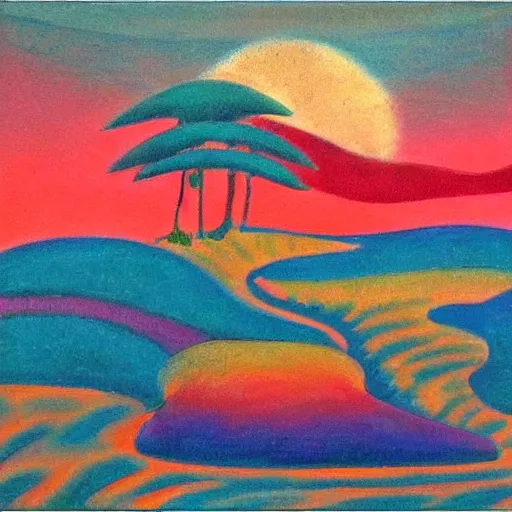 Image similar to A beautiful sculpture of a landscape. It is a stylized and colorful view of an idyllic, dreamlike world with rolling hills, peaceful looking animals, and a flowing river. The scene looks like it could be from another planet, or perhaps a fairy tale. Navajo red by Milton Avery spirited