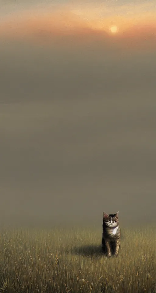 Prompt: a cat in the steppe, summer field, misty background, from the game pathologic 2, highly detailed, sharp focus, matte painting, by isaac levitan and asher brown durand,