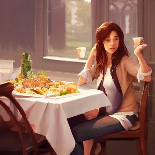 Prompt: a dinner date with the girl next door, slice of life, modern, realistic,!! looking at the camera!!, solo, first person pov, elegant, highly detailed, digital painting, artstation, concept art, matte, sharp focus, illustration, art by artgerm and greg rutkowski and alphonse mucha