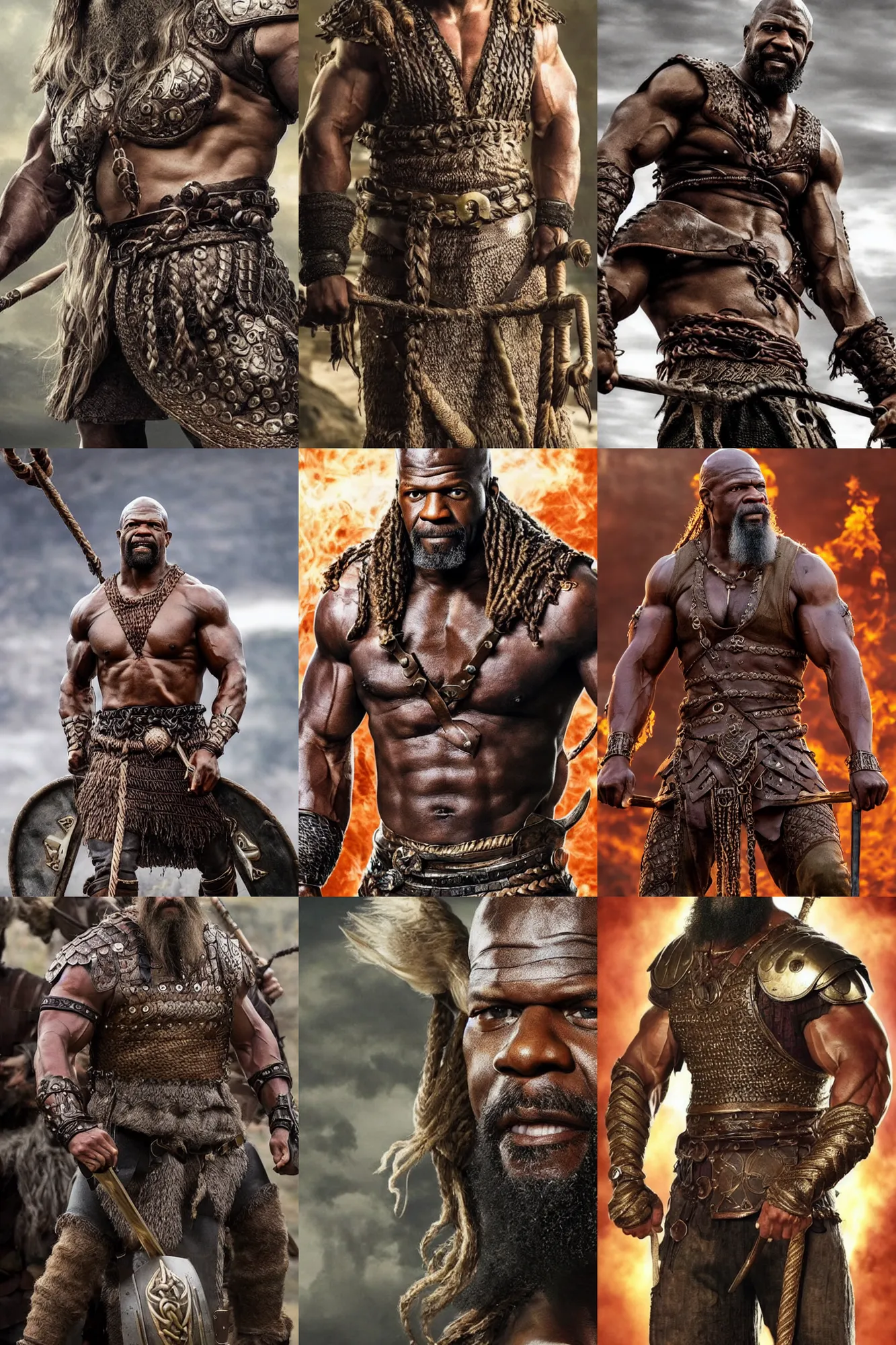 Prompt: Terry Crews, long braided viking beard, intricate bronze armor, very strong. Action movie poster.