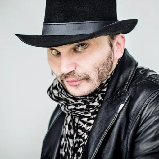 Image similar to a gentleman wearing a black leather hat, cinematic style