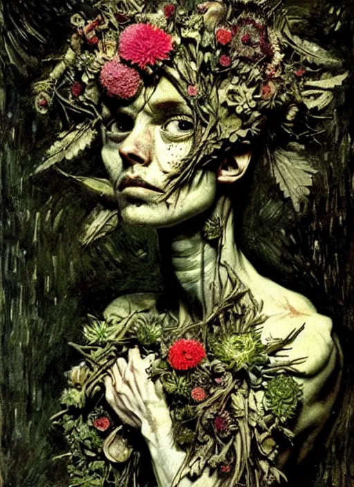 Prompt: beautiful and detailed rotten woman made of plants and many different types of flowers, muscles, intricate, organs, ornate, surreal, john constable, guy denning, dan hillier, manera, van gogh, caravaggio