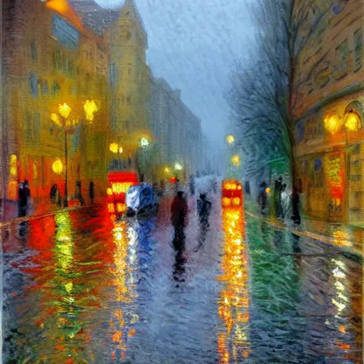 Prompt: rainy street, impressionism