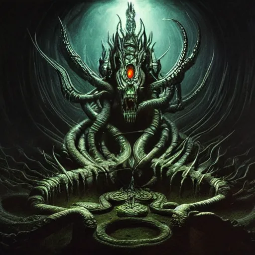 Image similar to chtulhu attacks, atmospheric lighting, painted, intricate, volumetric light, ultra detailed by giger