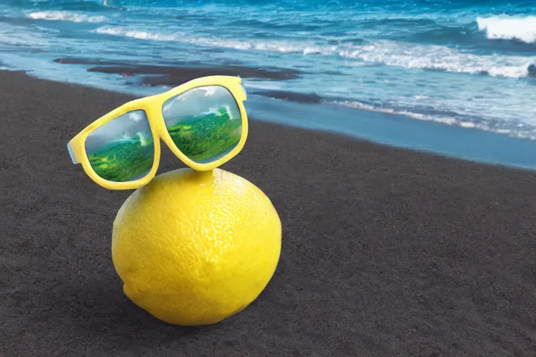 Prompt: a portrait of a pixar - style lemon wearing sunglasses, enjoying being at the beach. 8 k resolution, photo realistic, pixar style,