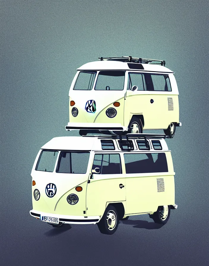 Image similar to front view vw camper touring rural japan, a collage painting, in the style of wes anderson, lola dupre, david hockney, isolated on negative white space background dark monochrome fluorescent spraypaint accents volumetric octane render, no double figure