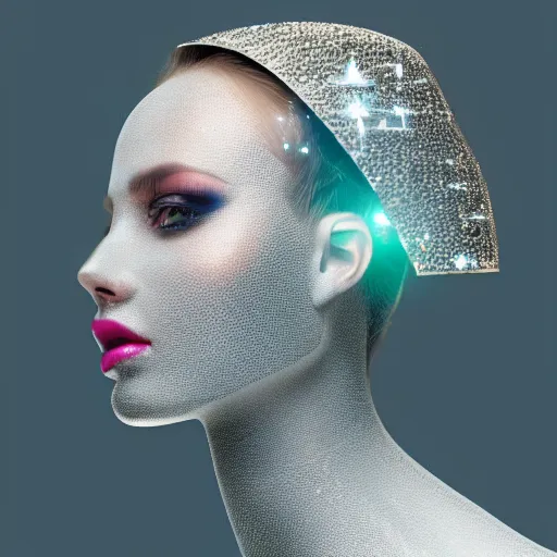 Prompt: portrait of a beautiful futuristic woman layered with high-tech jewelry wrapping around her face and head, 2042