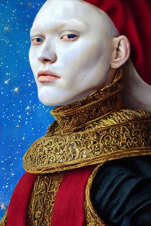 Image similar to hyperrealism oil painting, close - up portrait of albino medieval fashion model, knight, steel gradient mixed with nebula sky, in style of baroque