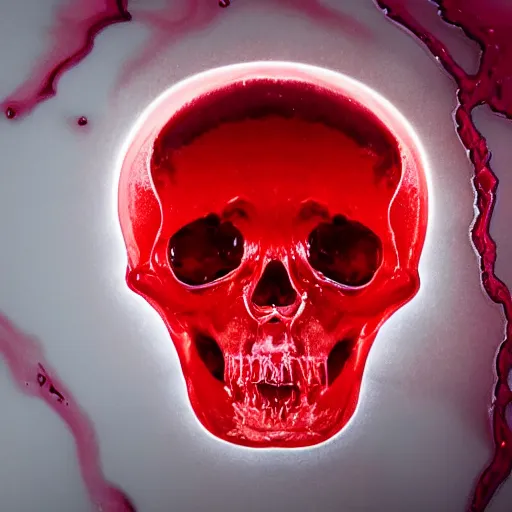 Prompt: transparent half filled with turbulent red liquid inside in a leaking transparent skull