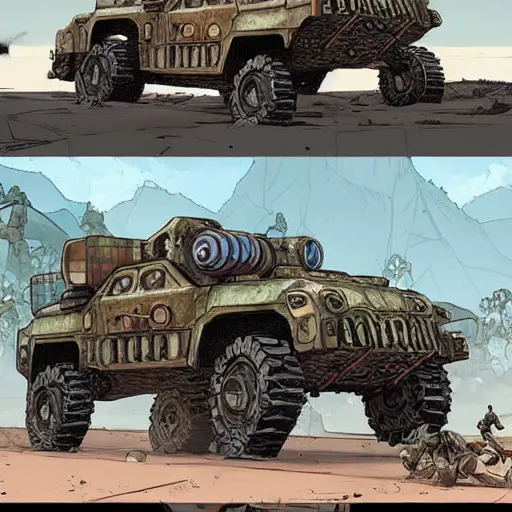 Image similar to alligator mech jeep concept borderland that looks like it is from Borderlands and by Feng Zhu and Loish and Laurie Greasley, Victo Ngai, Andreas Rocha, John Harris