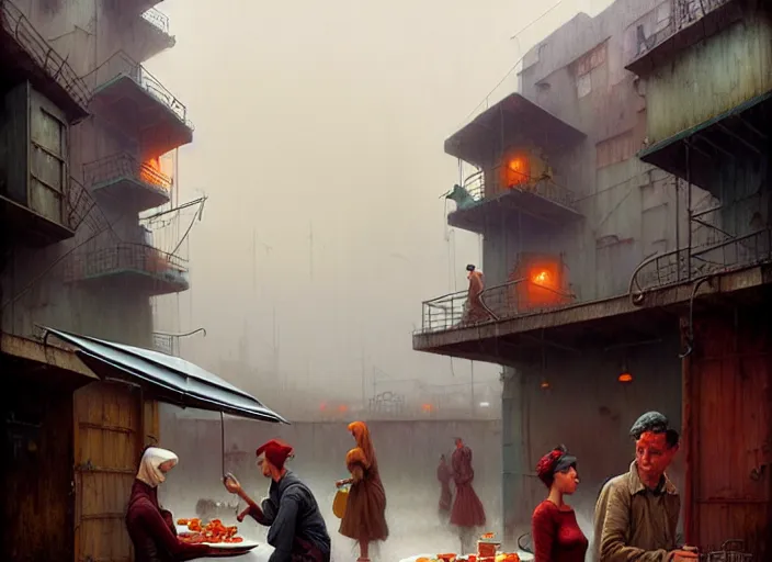 Image similar to waiting in line for cold soup by gil elvgren and tom bagshaw marc simonetti and quint buchholz, slums, highly detailed, hyperrealism, dreary, cold, cloudy, grey, smog, high contrast, solarpunk