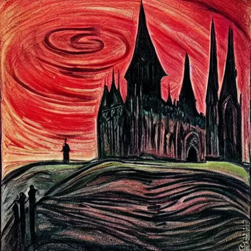 Prompt: beautiful gothic castle landscape in the style of Edvard Munch