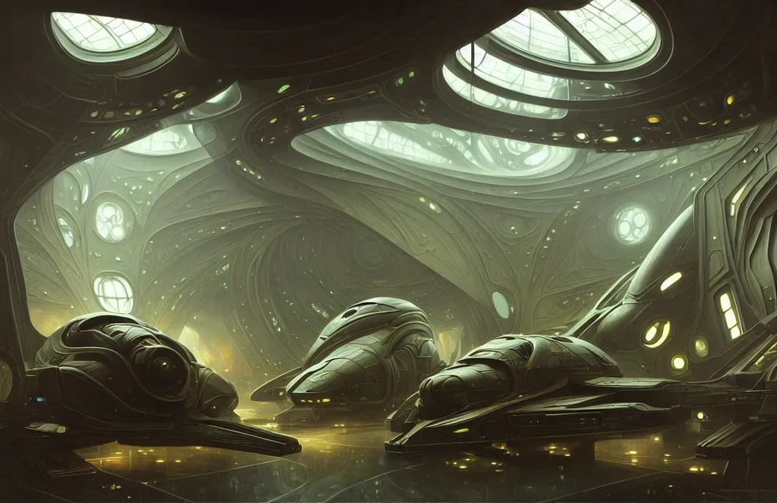 Image similar to interior of a alien spaceship, heroic lighting, sci-fi, intricate, elegant, highly detailed, lifelike, photorealistic, digital painting, artstation, illustration, concept art, smooth, sharp focus, art by John Collier and Albert Aublet and Krenz Cushart and Artem Demura and Alphonse Mucha