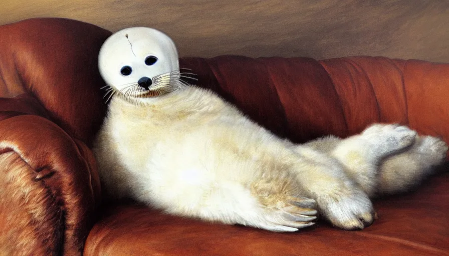 Image similar to highly detailed painting of cute furry white baby seal pupd cuddling up on a brown leather sofa with ice by william turner, thick brush strokes and visible paint layers, 4 k resolution, lounge background