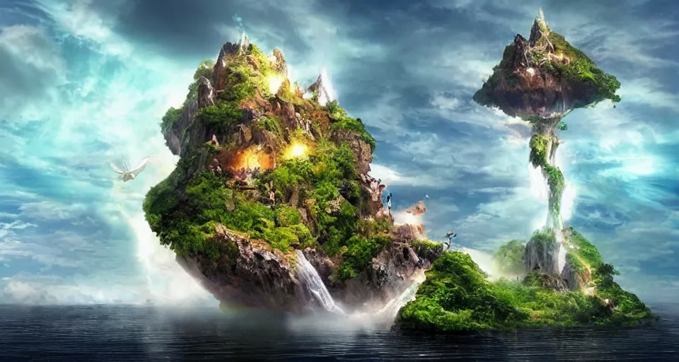 Image similar to A magnificent floating island in the sky above the sea, defying gravity, floating island, flying island, waterfall falling down, epic lighting, epic composition, highly detailed