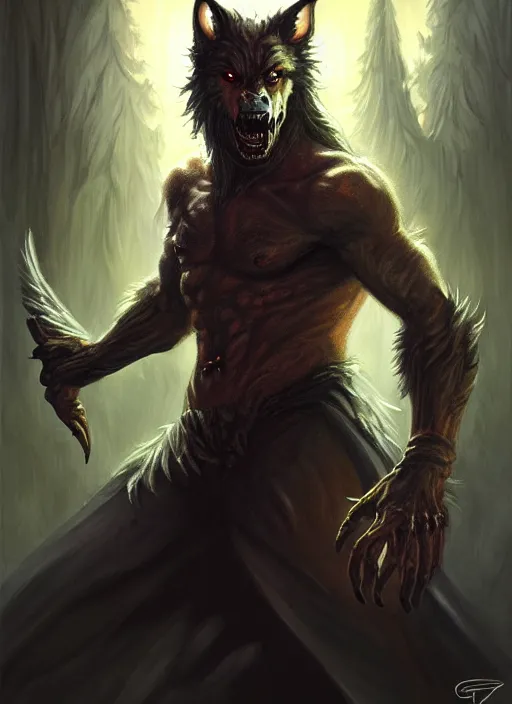 Image similar to a _ fantasy _ style _ portrait _ painting _ of werewolf, dnd, wicked, oil _ painting _ unreal _ 5 _ daz. _ rpg _ portrait _ extremely _ detailed _ artgerm _ greg _ rutkowski _ greg