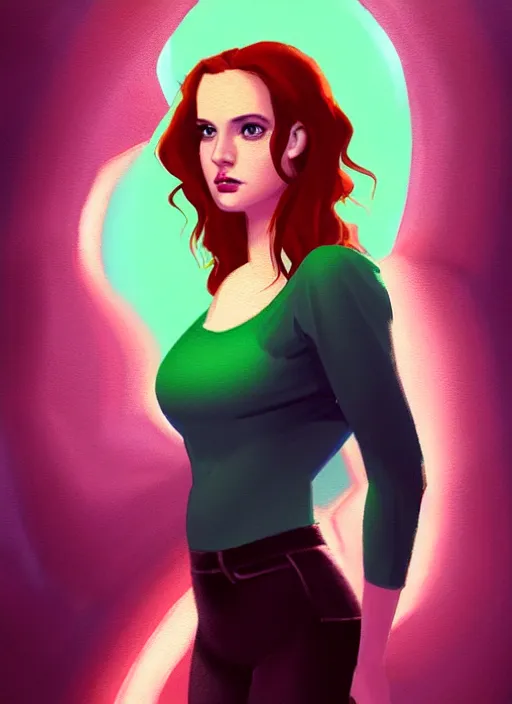 Image similar to full body portrait of teenage cheryl blossom, bangs, green eyes, mischievous expression, red hair, sultry smirk, bangs and wavy hair, intricate, elegant, glowing lights, highly detailed, digital painting, artstation, concept art, smooth, sharp focus, illustration, art by wlop, mars ravelo and greg rutkowski