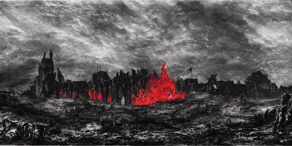 Image similar to a castle in distance in flames and ruins, the ground is dark and cracked, a large man in full plate of black armor, splattered in blood, riding a large black horse with red glowing eyes and red wisps emanating from it's eyes, blackened clouds cover sky crackling with lightning and rain in the distance,,