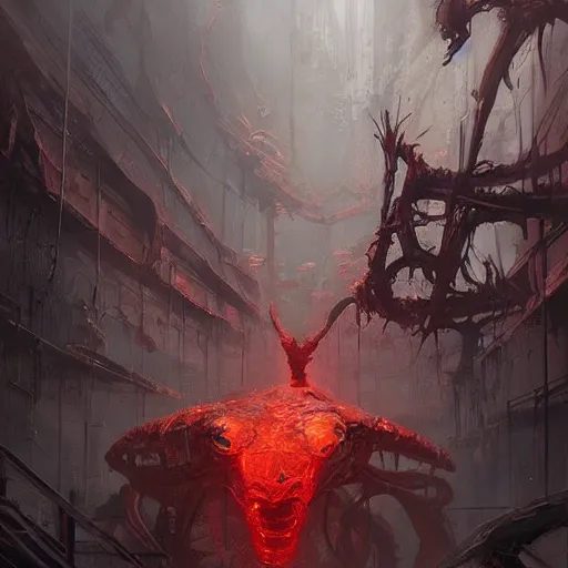 Image similar to concept art by greg rutkowski, a hideous monster in the shape of mantis of twisted flesh and reddish ooze, claustrophobic and futuristic, brutalistic environment, scifi, detailed and intricate environment, high technology, highly detailed portrait, digital painting, artstation, concept art, smooth, sharp foccus ilustration, artstation hq.