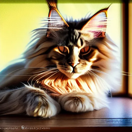 Prompt: portrait cream color maine coon cat curled up, bay window sofa, 8K, 4K, digital art, palette knife, oversaturated lens flair, bokeh, sunbeam, UE5, sumi-e