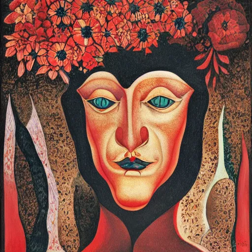 Image similar to floral face portrait by leonetto cappiello and wojciech siudmak and ernst fuchs, anni albers, oil on canvas