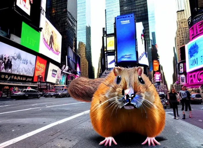 Image similar to a photo of a a giant hamster terrorizing times square,