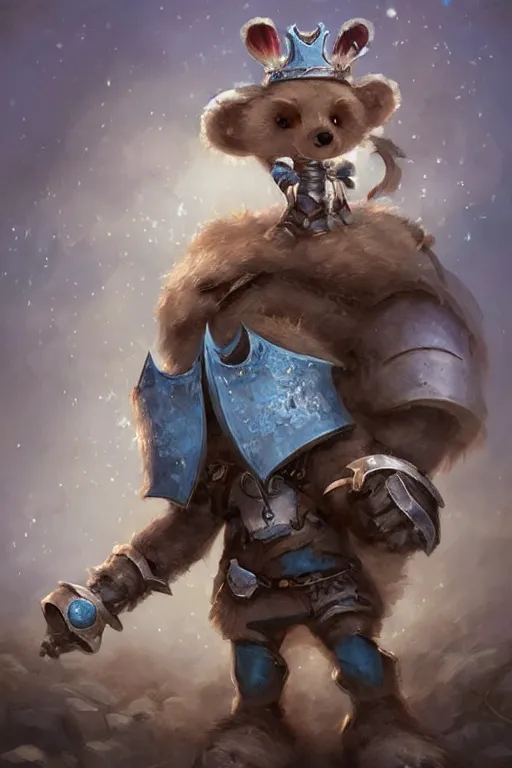 Image similar to cute little anthropomorphic bear knight wearing a cape and a crown, tiny, small, miniature bear, baby animal, short, pale blue armor, cute and adorable, pretty, beautiful, DnD character art portrait, matte fantasy painting, DeviantArt Artstation, by Jason Felix by Steve Argyle by Tyler Jacobson by Peter Mohrbacher, cinematic lighting