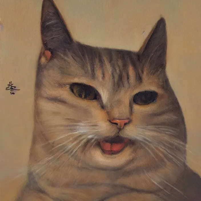 Prompt: a beautiful oil portrait of the cat buddha, smiling serenely
