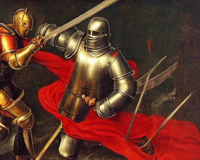 Image similar to 15th century medieval knight fighting against a red demon, 4K