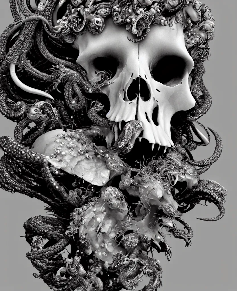 Image similar to goddess princess face close-up portrait ram skull. sculpture made of black stone. jellyfish phoenix head, nautilus, orchid, skull, betta fish, bioluminiscent creatures, intricate artwork by Tooth Wu and wlop and beeple. octane render, trending on artstation, greg rutkowski very coherent symmetrical artwork. cinematic, hyper realism, high detail, octane render, 8k