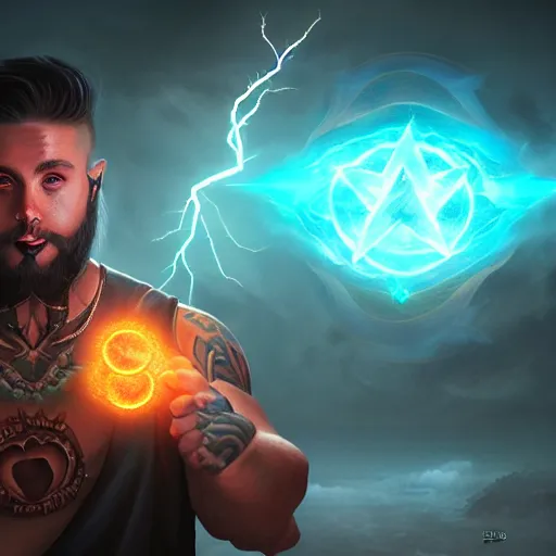 Image similar to tattooed gym bro mage in a lightning storm magic spell vfx, diagonal spell vfx, hearthstone colour style, fantasy game spell icon, fantasy epic digital art, by greg rutkowski