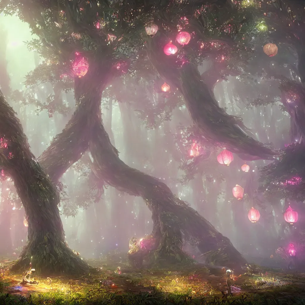 Image similar to huge trees and lanterns, misty nighttime. radiating rich energy. photorealistic, moody atmosphere, volumetric shading, holographic dreamlike, intricate and detailed, vivid colors. ori and the blind forest, breath of the wild style, by miyazaki ghibli!!!. trending on artstation. award winning, daily deivation. pastel!! pink accents.