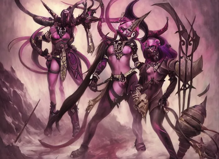 Image similar to Skilled Slaanesh demonette with pink tail and small horns on her head and beautiful long black hair wearing the outfit of slaanesh legions looking at the viewer corrupting an ultramarine space marine, elegant, delicate, powerful, smooth, highly detailed, Artstation, Cgsociety, art by Mark Simonetti and Gil Elvgren and artgerm, mucha, Warhammer illustration, digital art