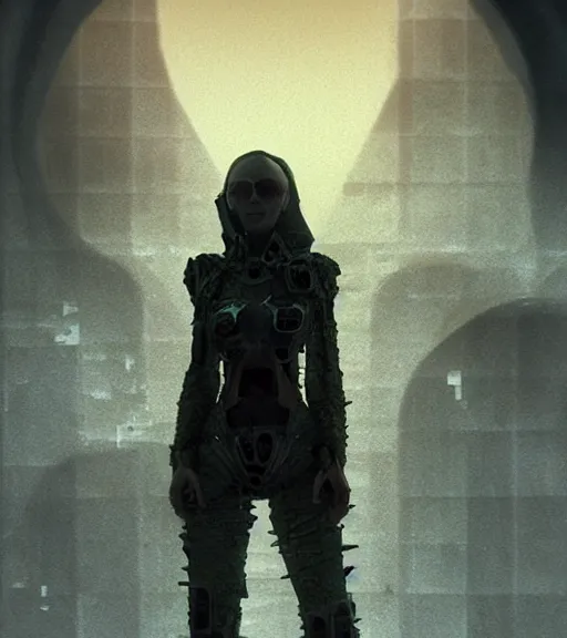 Prompt: tarkovsky greatest scene stalker movie, the ancient destroyed majestic tower of babylon, woman in a futuristic cyber clothing, transparent puffer jacket, hyperrealistic, blockchain, cyber world, ambient lighting, concept art, intricate sky, hyper - detailed, smooth, dynamic volumetric lighting, octane, ray trace, cinematic, high quality, cgsociety