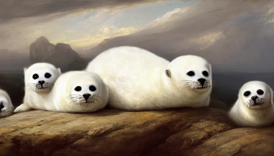 Prompt: highly detailed painting of cute furry white baby seals on an out of control cad by william turner, by greg rutkowski, by william constable, thick brush strokes and visible paint layers, 4 k resolution