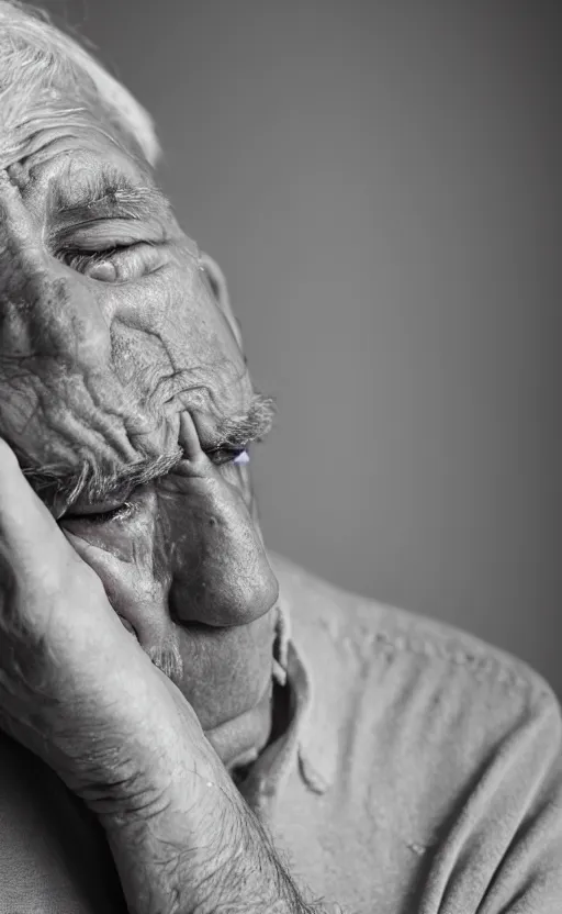 Prompt: photograph of old man crying, tears, white hair