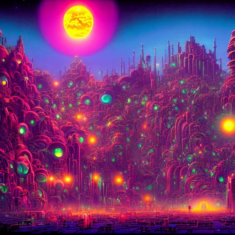 Prompt: mysterious astral city at night, glowing orbs, infinite sky, synthwave, bright neon colors, highly detailed, cinematic, tim white, philippe druillet, roger dean, ernst haeckel, lisa frank, michael whelan, kubrick, kimura, isono