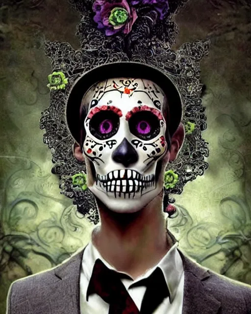 Image similar to dia de los muertos hombre theme surrealist art in the styles of igor morski, jim warren, and a tim burton film, intricate, hyperrealistic, accurate facial details, profile picture with chromakey!!!!! background, volumetric lighting