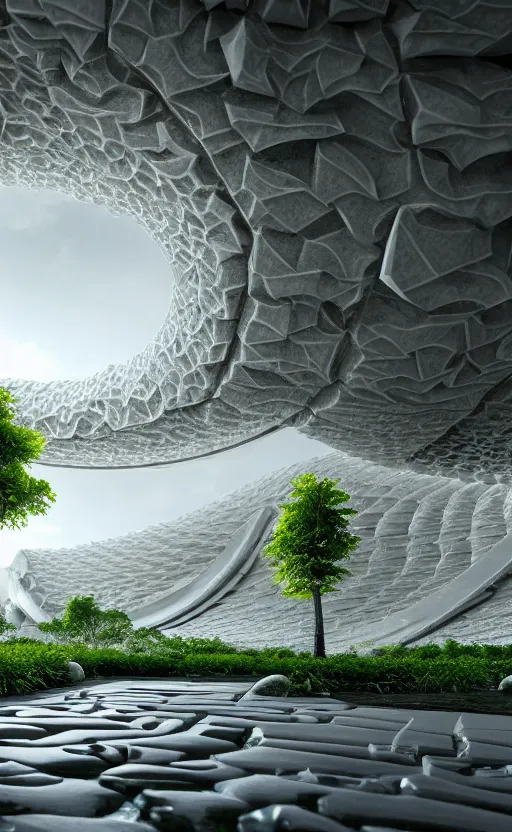 Image similar to highly detailed ultra sharp 3 d render cinematic composition of a smooth ceramic porcelain magnolia stone fluid fractal sci - fi surreal architecture landscape, white marble, magnesium, foliage, archviz, vincent callebaut composition, mamou - mani, beautiful lighting, 8 k, unreal engine, hdr, dof