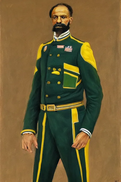 Image similar to full body portrait of the dictator of the nba utah jazz, 1 8 8 9, in full military garb, navy, green, yellow, oil on canvas by william sidney mount, trending on artstation