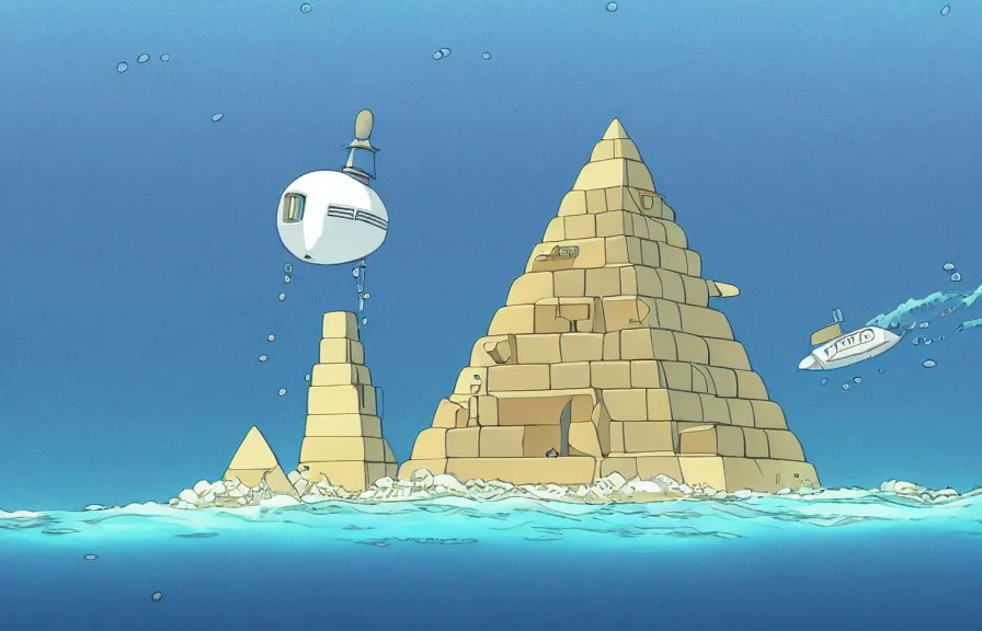 Prompt: a realistic studio ghibli cell shaded cartoon showing a submarine in front of a white pyramid with a gold capstone underwater at the bottom of the sea. wide shot, very dull muted colors, hd, 4 k, hq