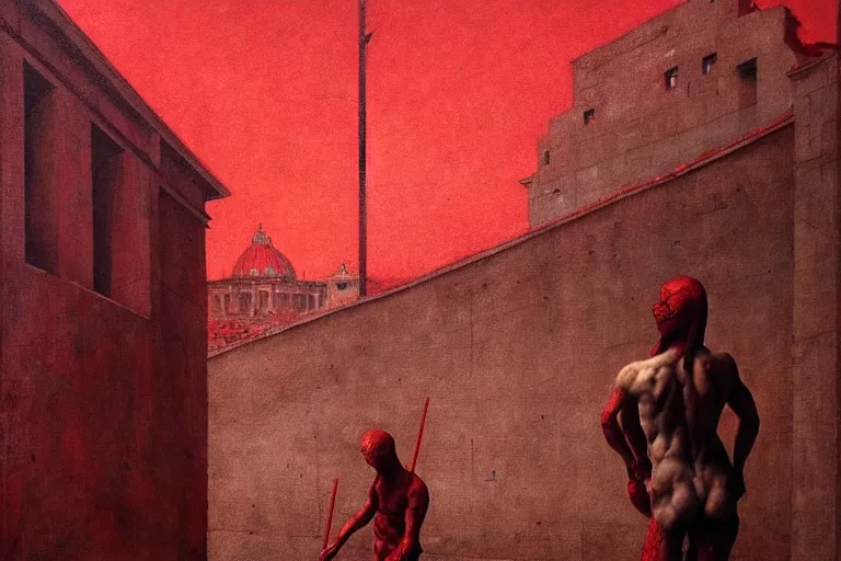 Image similar to only with red, caesar after war, the deal, a red tiger, in hoc signo vinces, rome in background, an ancient path, in the style of beksinski, part by hopper, part by rodcenko, part by hofbauer, intricate composition, red by caravaggio, insanely quality, highly detailed, masterpiece, red light, artstation