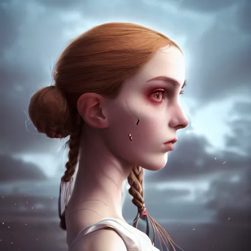 Image similar to a beautiful Cotton Mill Girl, symmetrical, perfect body and face. anatomically accurate, dramatic angle, ornate, details, smooth, sharp focus, illustration, realistic, cinematic, artstation, award winning, rgb , unreal engine, octane render, cinematic light, macro, depth of field, blur, red light and clouds from the back, highly detailed epic cinematic concept art CG render made in Maya, Blender and Photoshop, octane render, excellent composition, dynamic dramatic cinematic lighting, aesthetic, very inspirational, arthouse by Henri Cartier Bresson