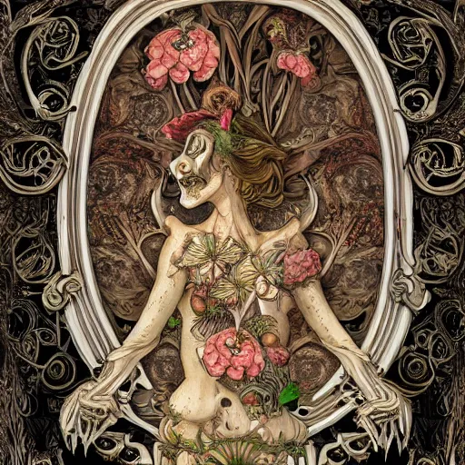 Prompt: a beautiful detailed front view baroque portrait of a rotten woman corpse with fractal plants and fractal flowers and mushrooms growing around, intricate, symmetrical, ornate, ornamentation, bones, illustration, in the style of art nouveau