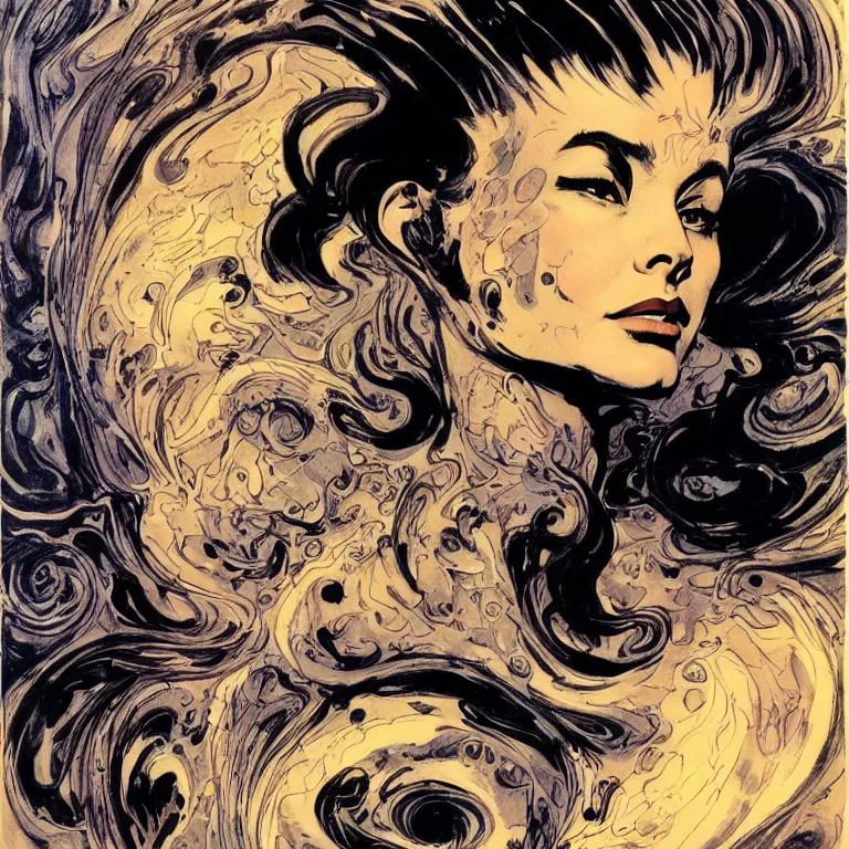 Image similar to portrait of a woman with swirling hair and fractal skin by frank frazetta, retrofuturism, psychedelic art reimagined by industrial light and magic