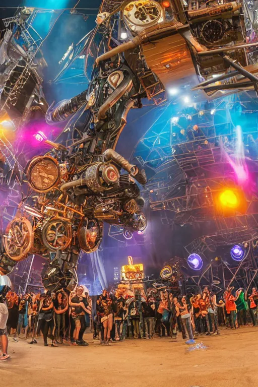 Image similar to a selfie at an outdoor festival stage with audience, on stage is a rockband with 3 steampunk robots with guitars and drums, center of the stage is a big steampunk generator, laser show, 8 k, fluorescent colors, halluzinogenic, multicolored, exaggerated detailed, unreal engine, 8 0 mm lens