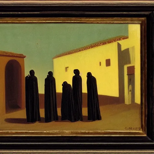 Prompt: A Holy Week procession of four souls in a Spanish landscape at night. A figure at the front holds a cross. By Carl Gustav Carus, Edward Hopper. Symetrical, logo, geometric shapes.